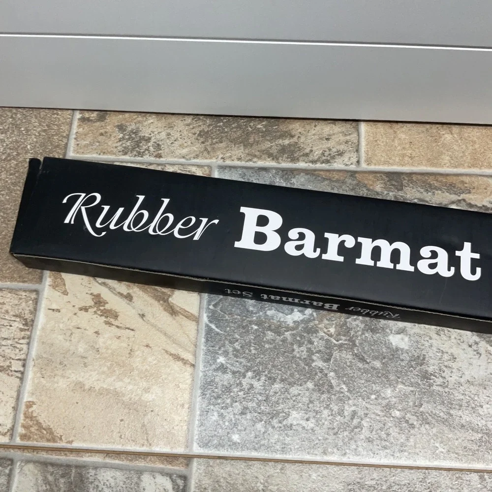 Rubber Barmat Set 2 Rail Style Mats Happy Hour Beer Me Black Home Bar Decor